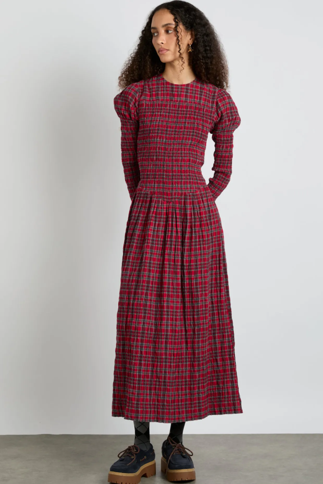 alice shirred midi dress- red check