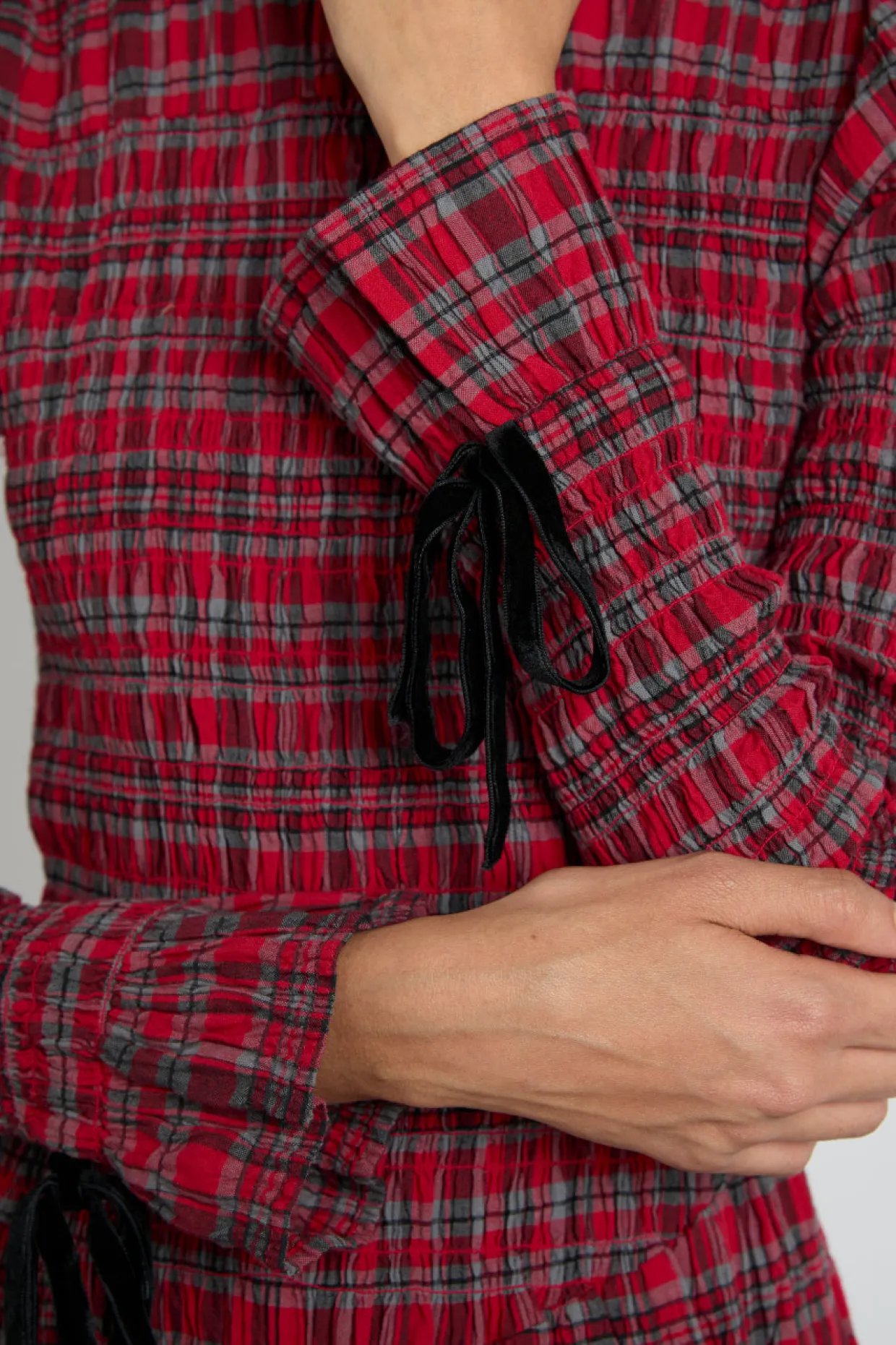 alice shirred midi dress- red check