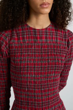 alice shirred midi dress- red check