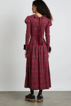 alice shirred midi dress- red check