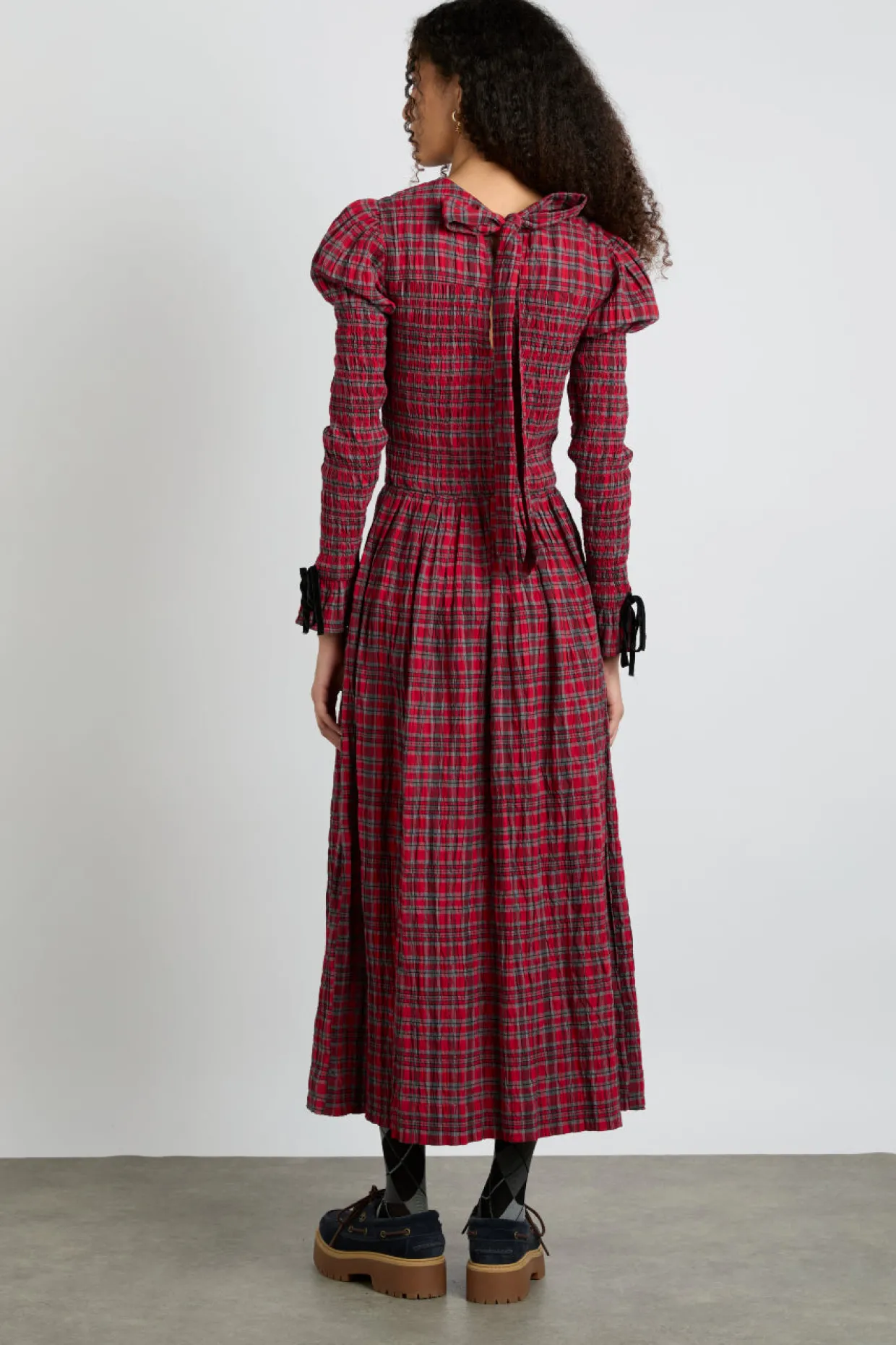 alice shirred midi dress- red check