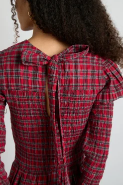 alice shirred midi dress- red check
