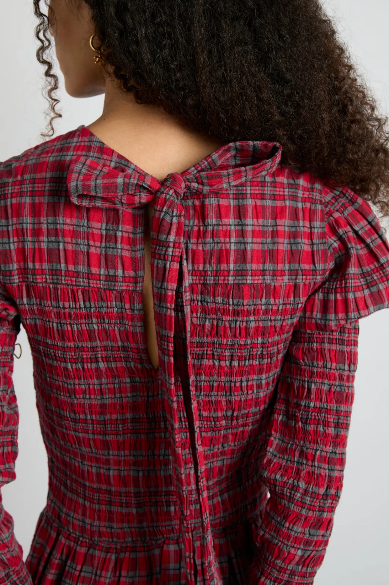 alice shirred midi dress- red check