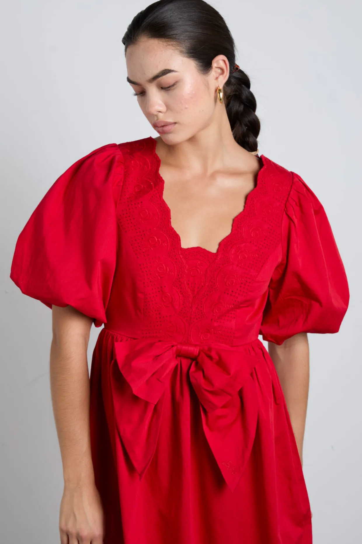 aria bow embroidered midi dress - red