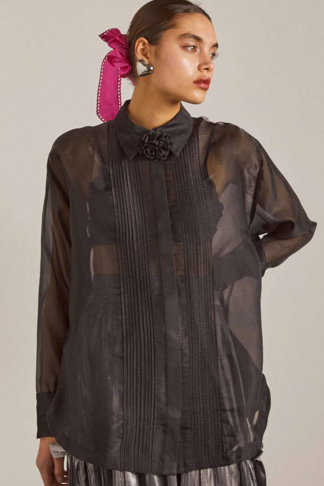 bel pin tuck shirt - black sheer