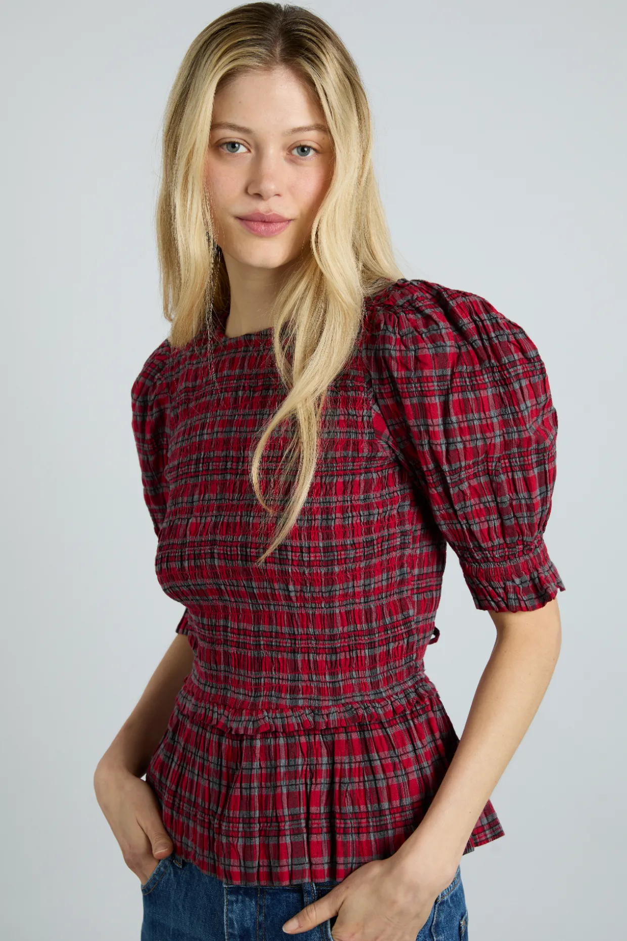 bluebelle blouse - red check