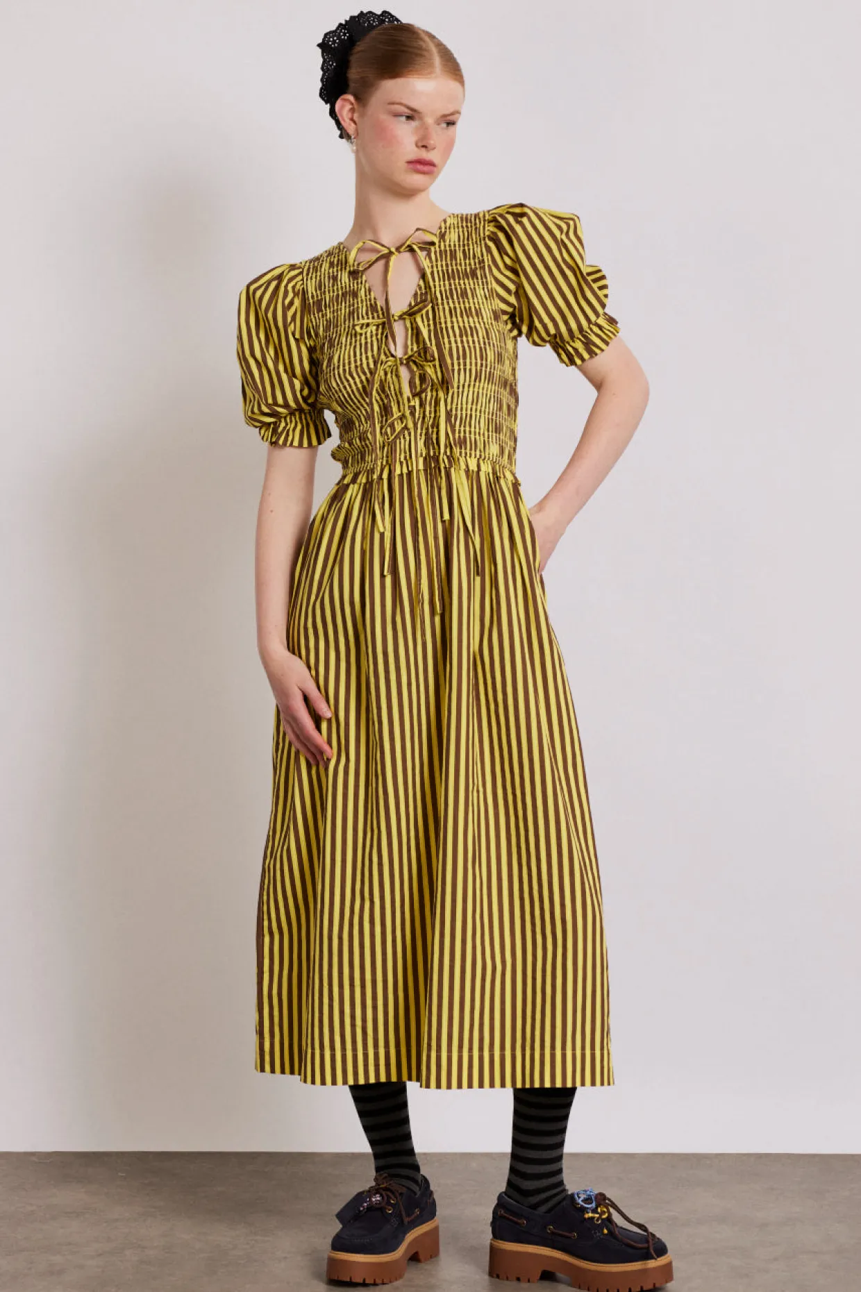 bluebelle midi dress - brown yellow stripe