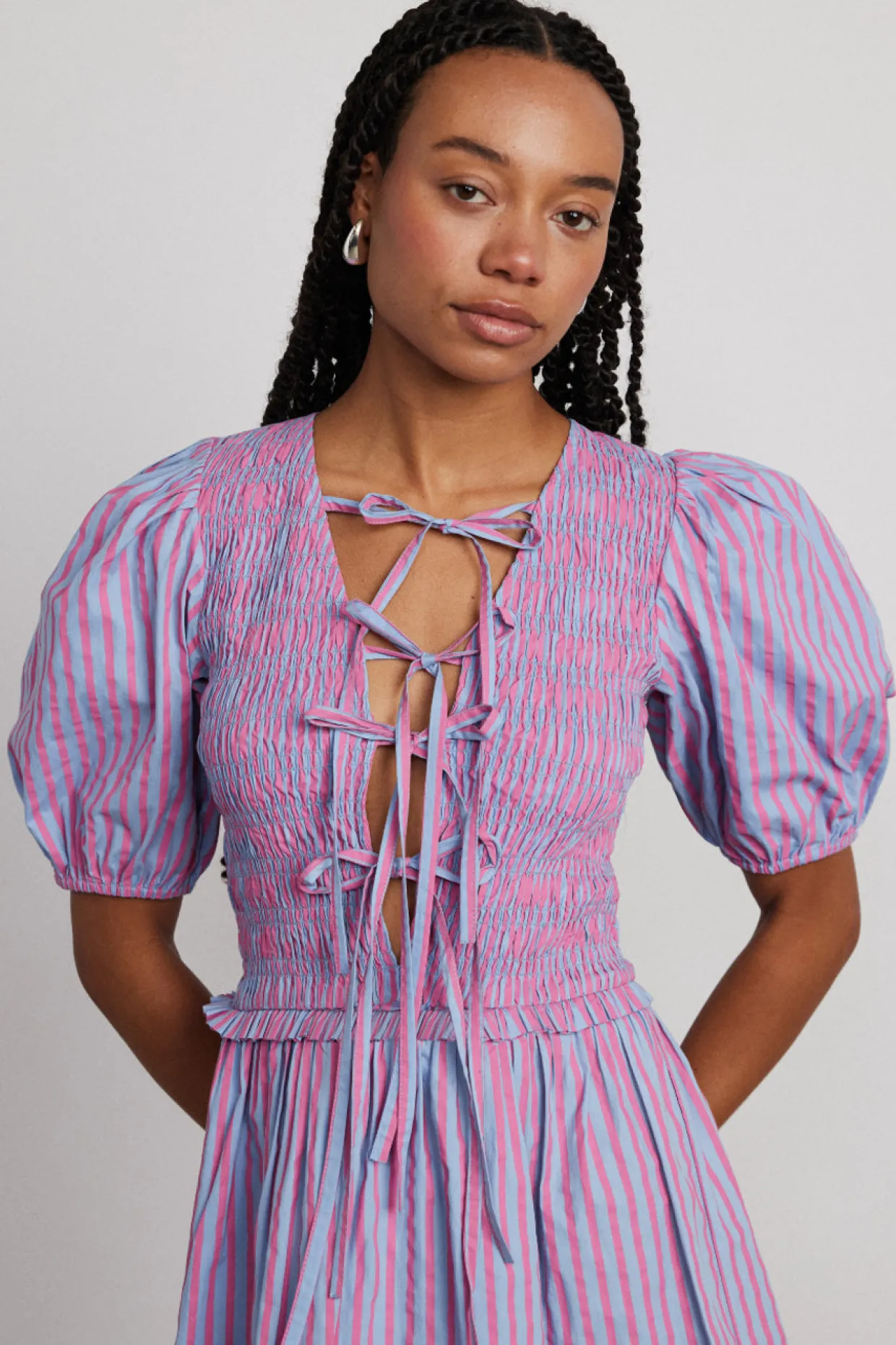 bluebelle shirred mini dress - pink u0026 blue stripe
