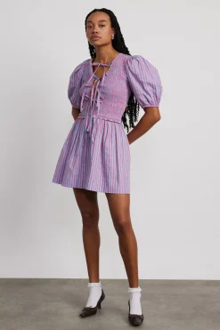 bluebelle shirred mini dress - pink u0026 blue stripe