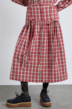 bronte button through midi skirt - red check