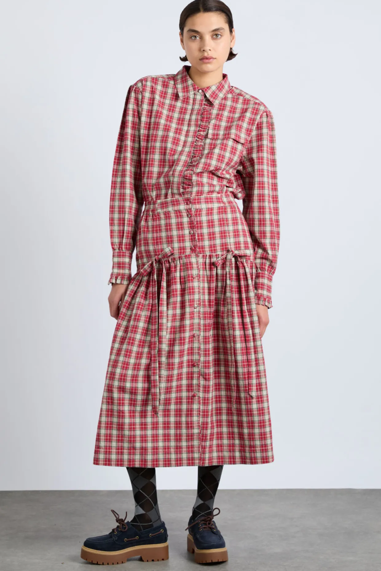 bronte button through midi skirt - red check