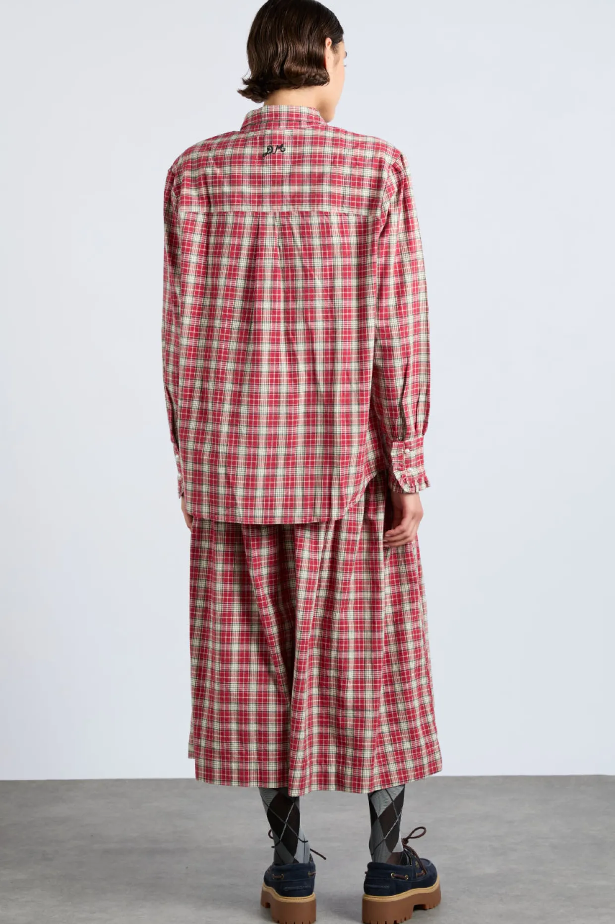 bronte button through midi skirt - red check