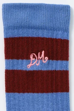 calf length socks - blue u0026 burgundy stripe