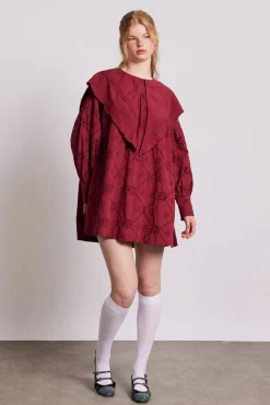 clementine embroidered collared mini dress - burgundy