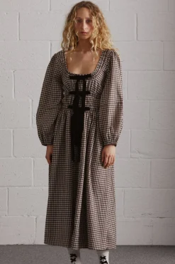 dakota bow midi dress - chocolate check