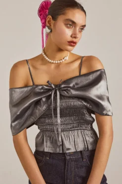 elsa shirred bardot cami - grey glass satin