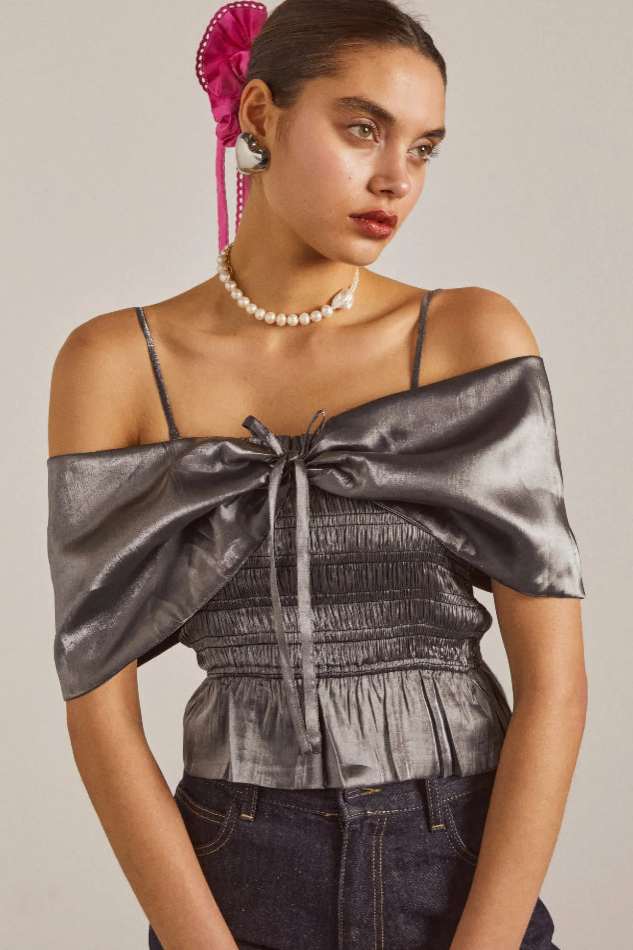 elsa shirred bardot cami - grey glass satin