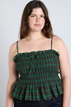 elsa shirred bardot cami - green check