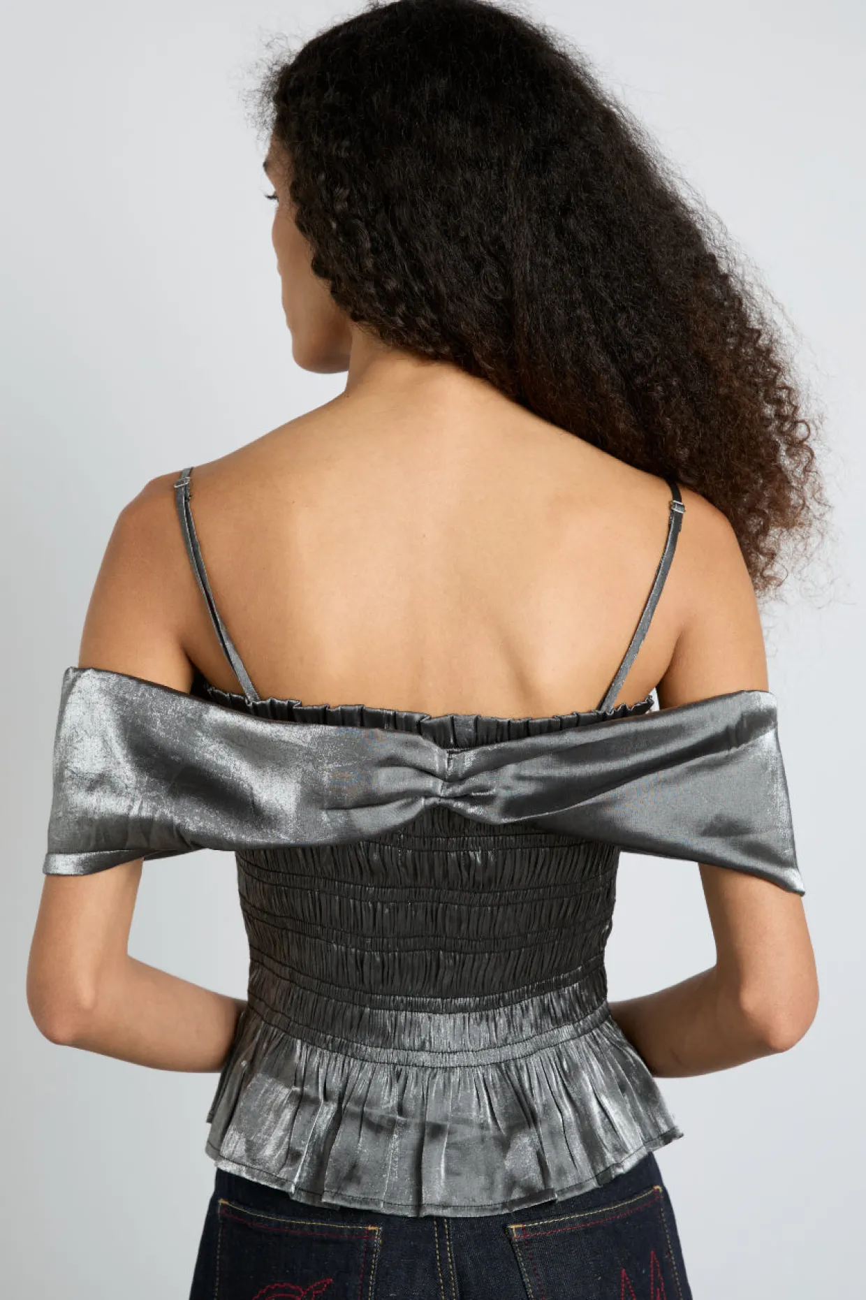 elsa shirred bardot cami - grey glass satin
