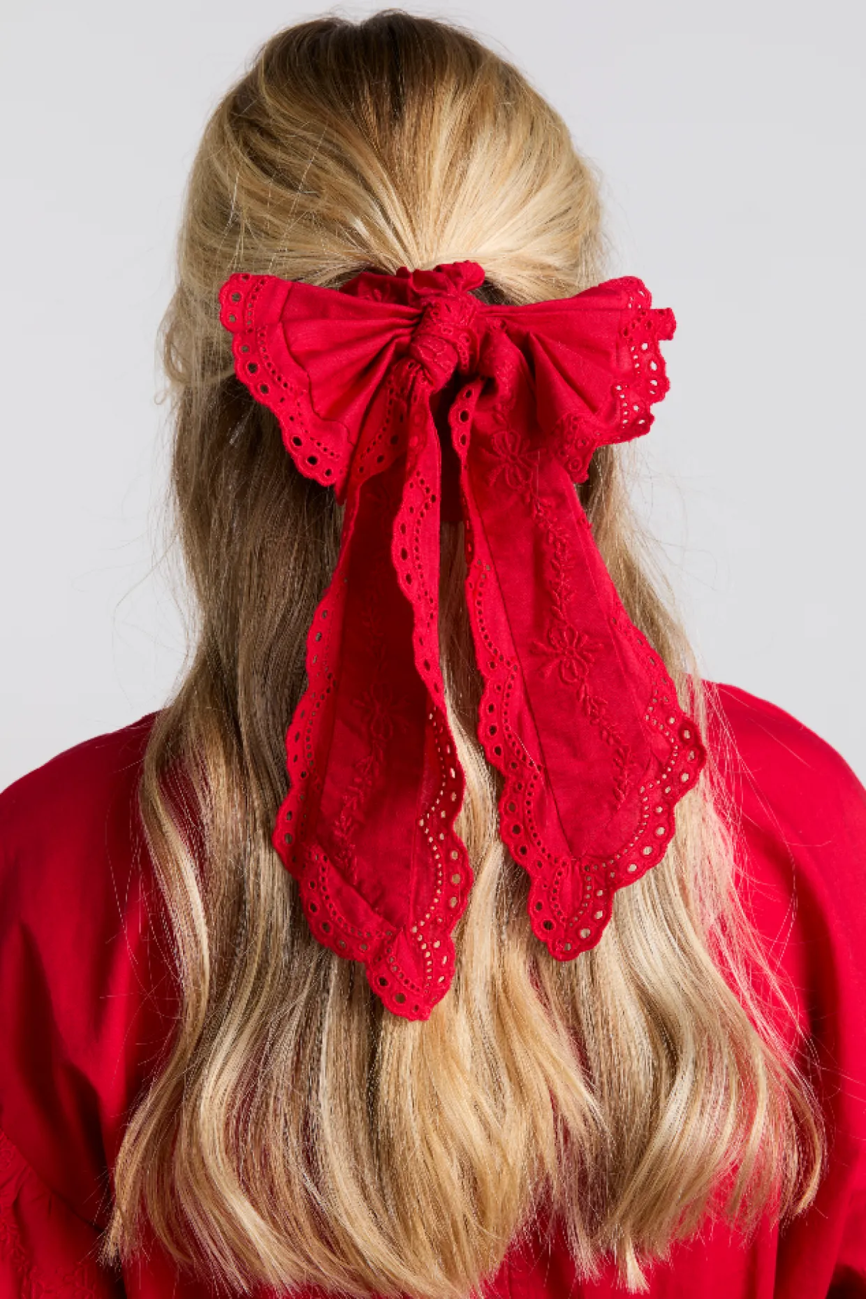 embroidered bow scruchie in red