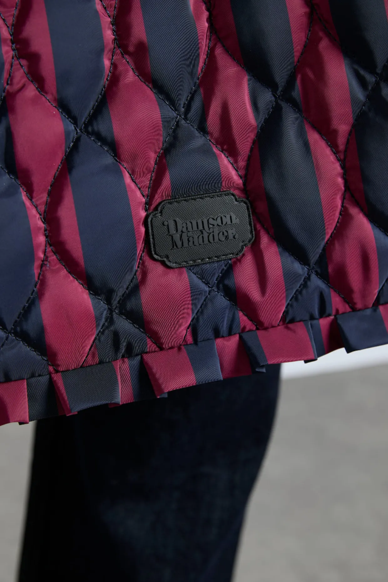 frill edge ruched tote bag - navy u0026 burgundy stripe