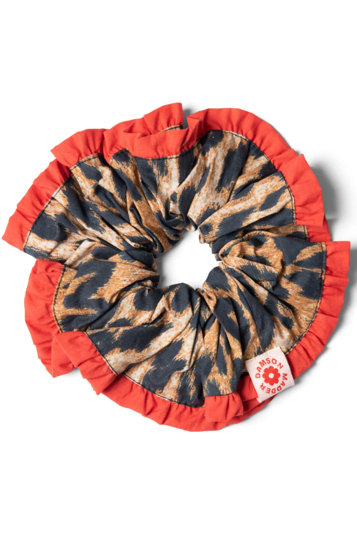 frill scrunchie in leopard with red edge