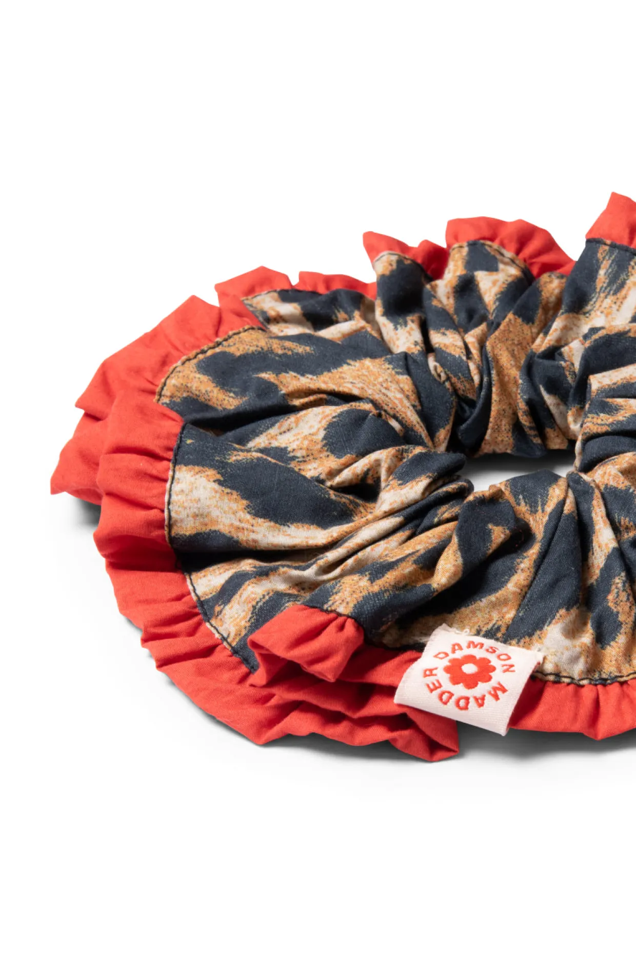 frill scrunchie in leopard with red edge