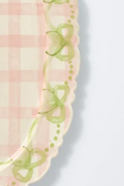 hand painted bow frill edge platter - pink gingham
