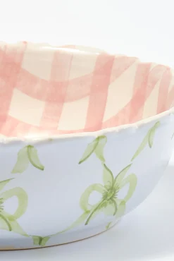 hand painted bow frill edge large serving bowl - pink gingham