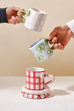 hand painted bow handle mug - red gingham