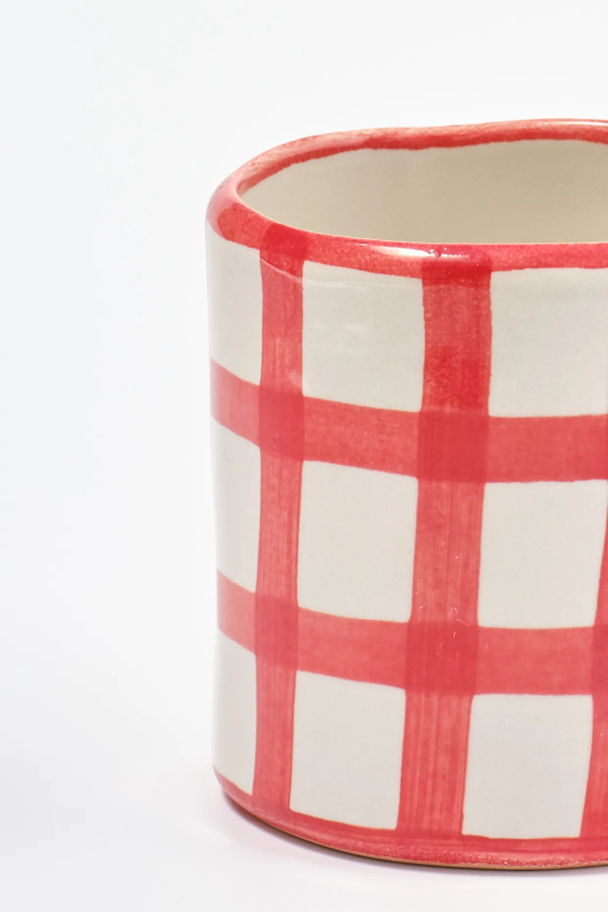hand painted bow handle mug - red gingham