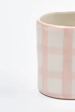 hand painted bow handle mug - pink gingham