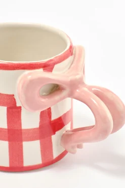 hand painted bow handle mug - red gingham