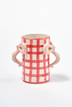 hand painted bow handle vase - red gingham