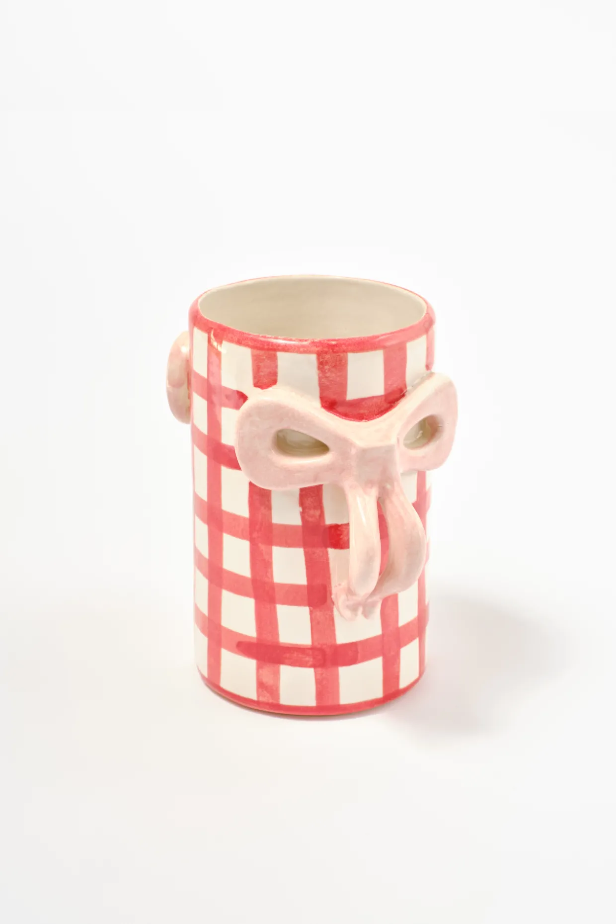 hand painted bow handle vase - red gingham