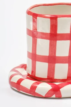 hand painted saucer - red gingham