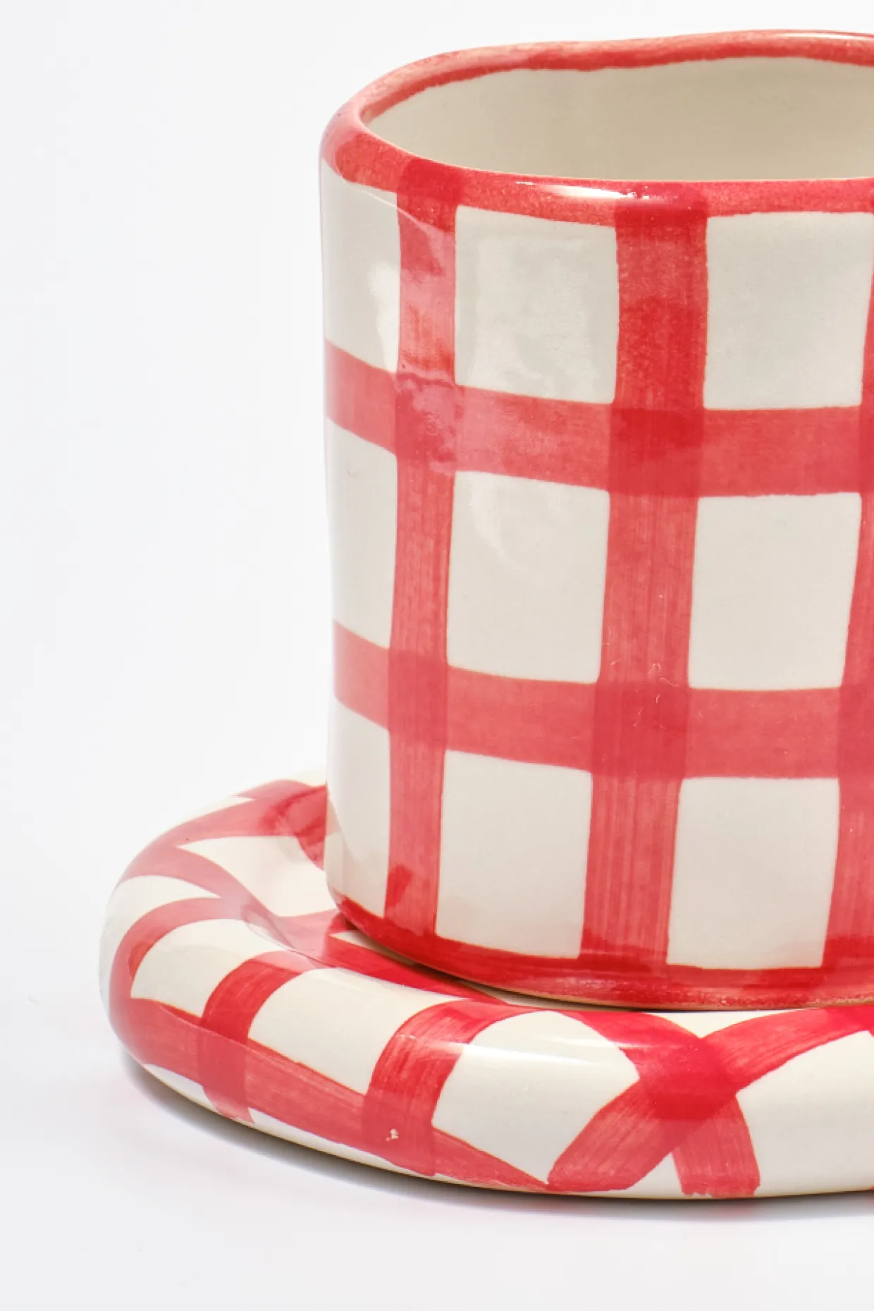 hand painted saucer - red gingham