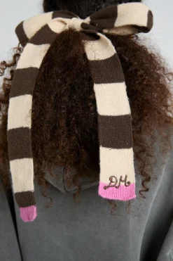knitted hair bow in stripe - ecru u0026 choc