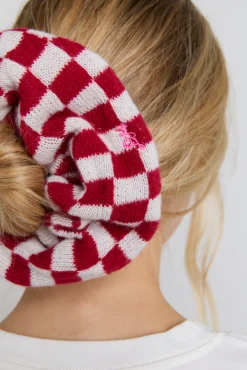knitted scrunchie in red u0026 ecru gingham