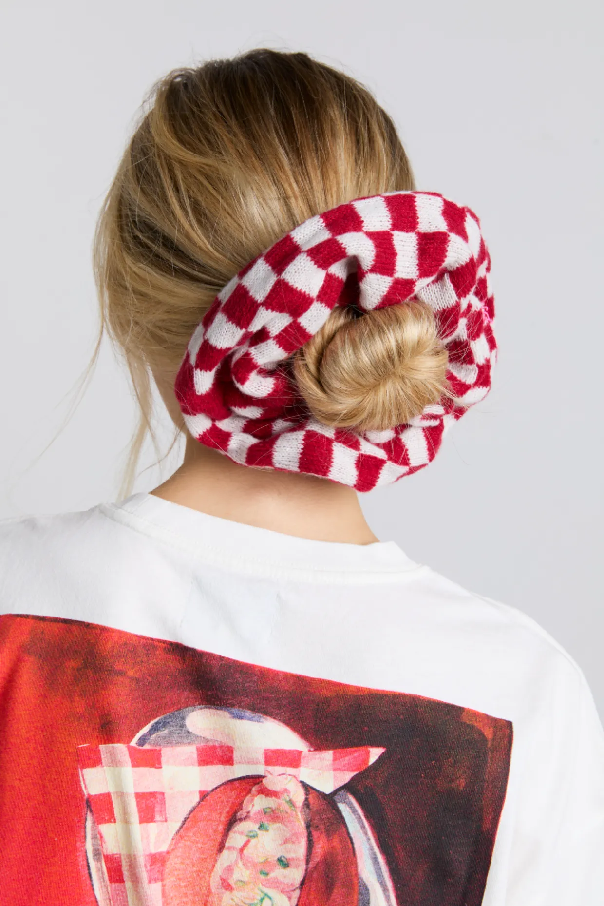 knitted scrunchie in red u0026 ecru gingham