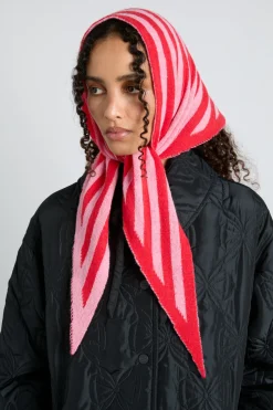 knitted triangle headscarf in pink u0026 red stripe