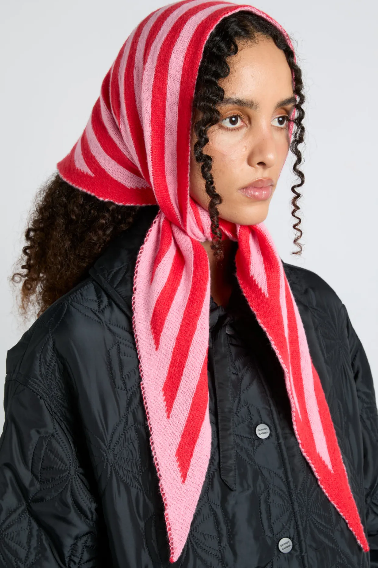 knitted triangle headscarf in pink u0026 red stripe