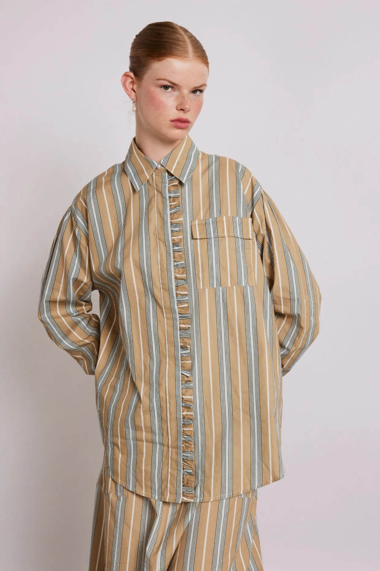 kylie ruffle shirt - tan stripe