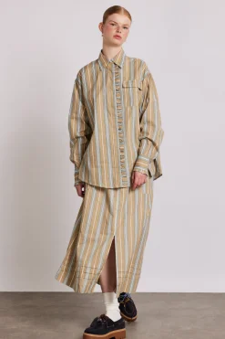 kylie ruffle shirt - tan stripe