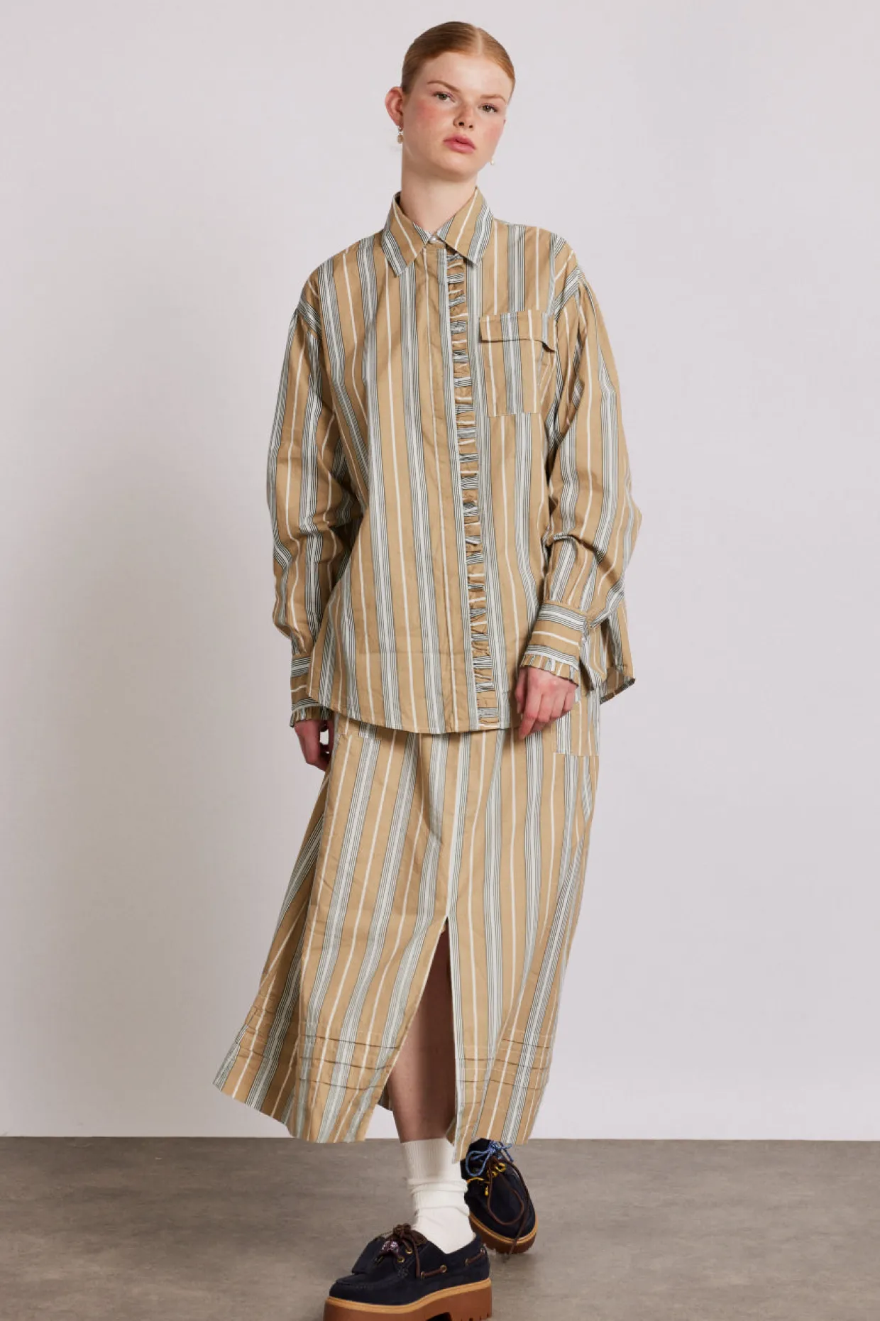 kylie ruffle shirt - tan stripe