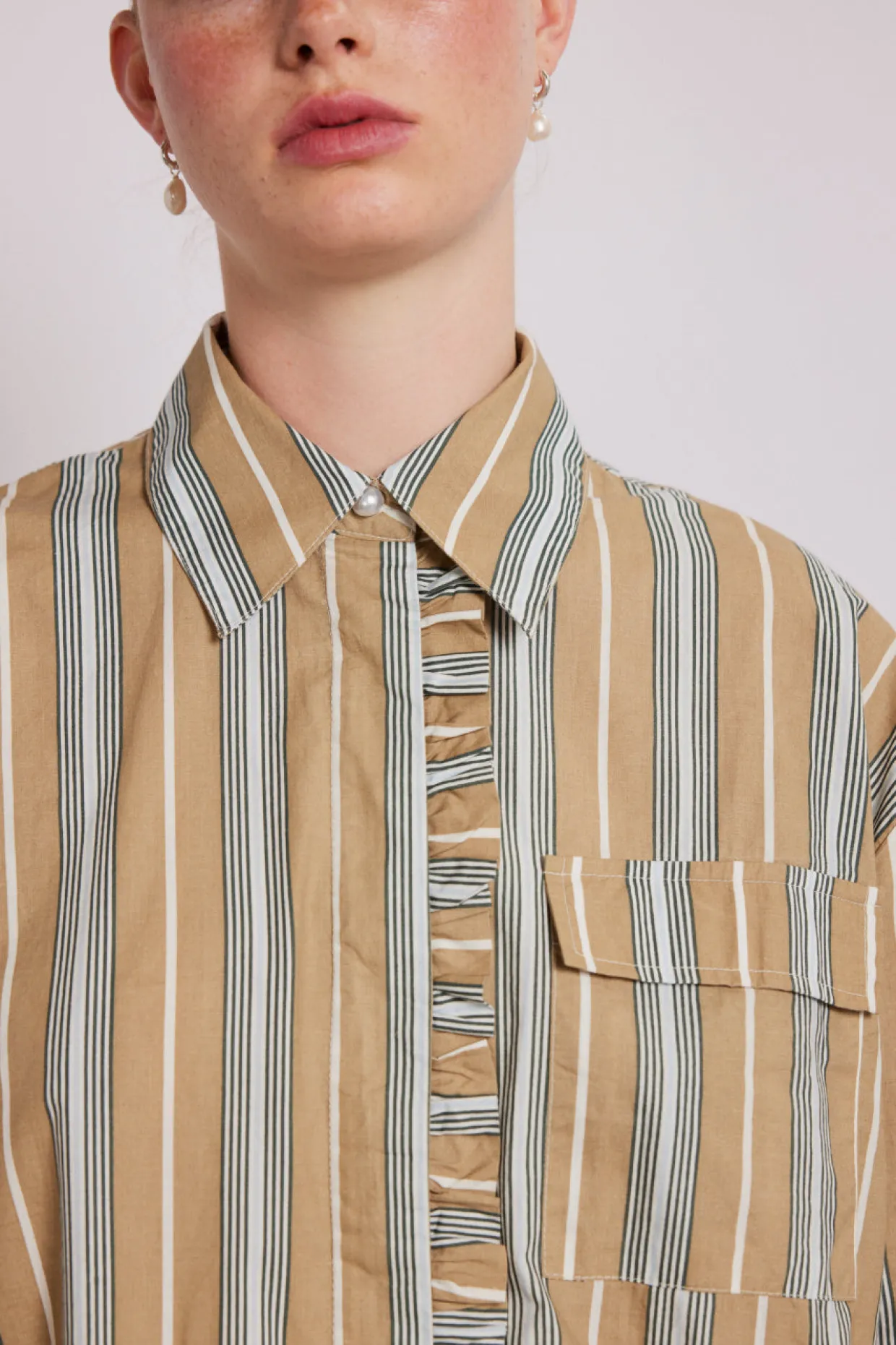 kylie ruffle shirt - tan stripe