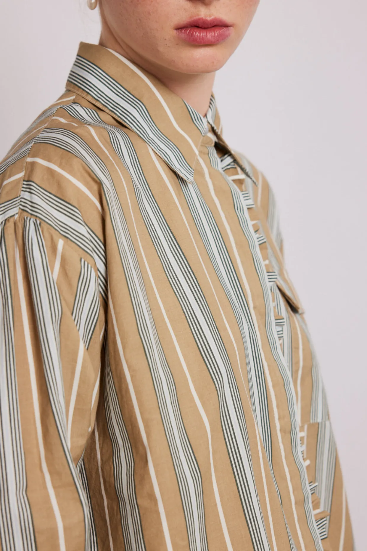 kylie ruffle shirt - tan stripe