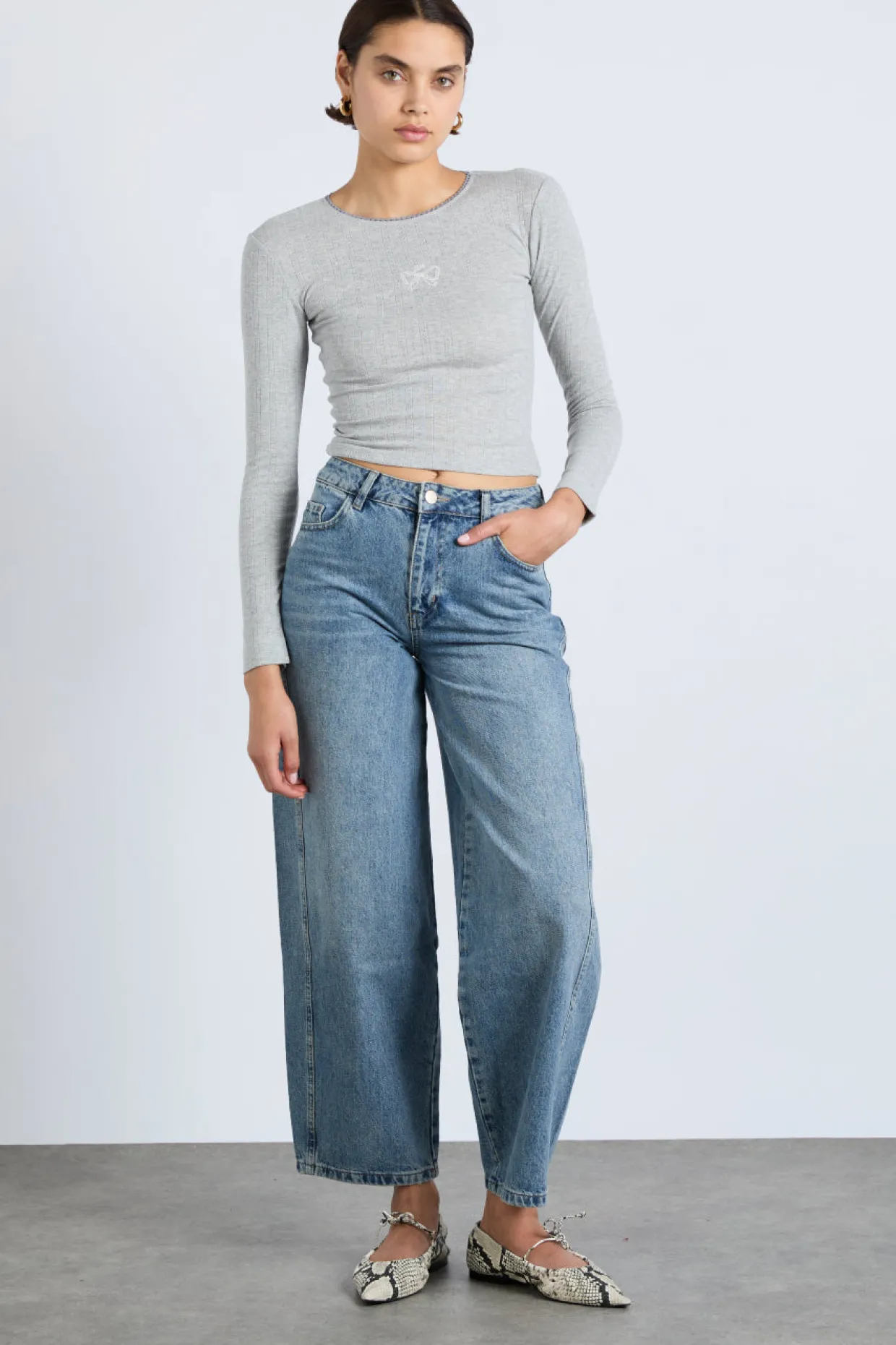 lua long sleeve pointelle top - grey marl