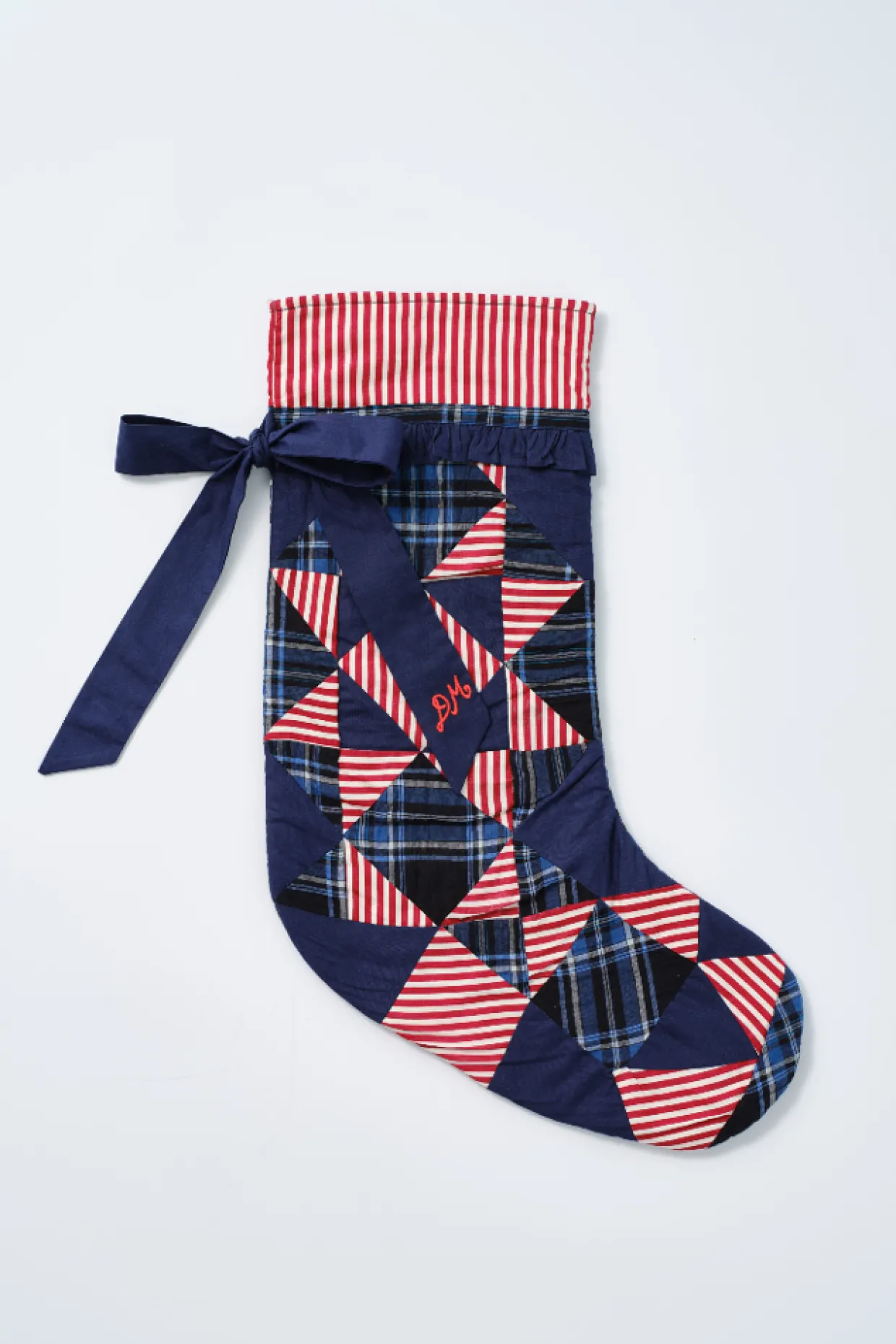 patchwork bow christmas stocking - navy, check u0026 red stripe