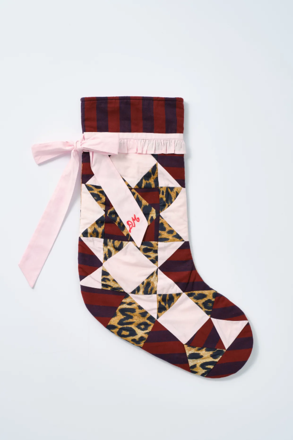 patchwork bow christmas stocking - pink, leopard u0026 stripe